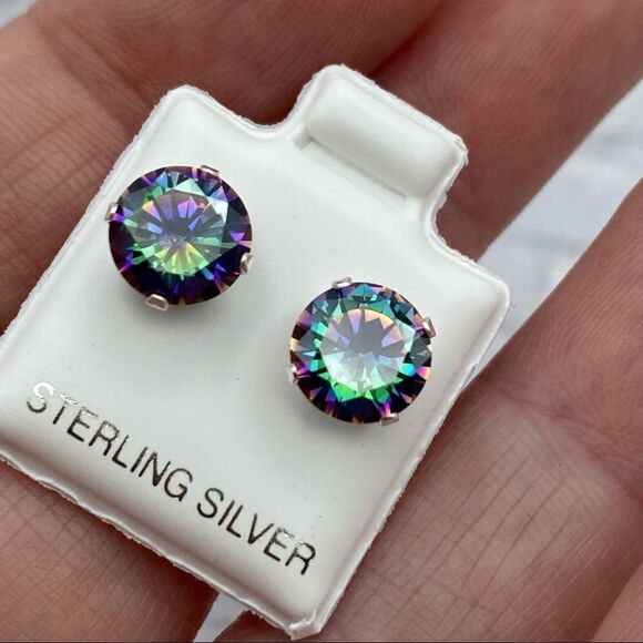 Rainbow Topaz CZ 8mm Sterling Silver Stud Earrings - Picture 5 of 5
